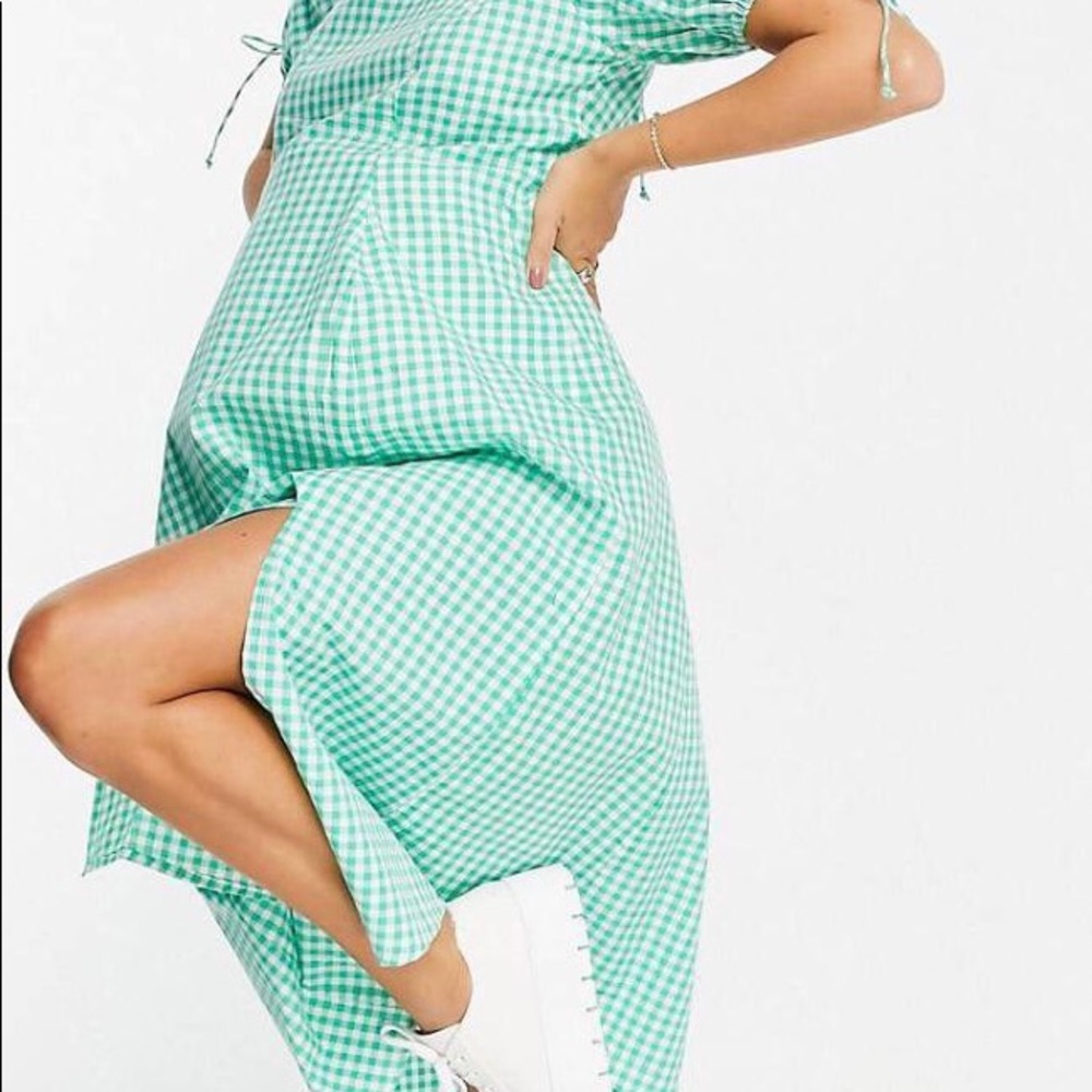 Influence Maternity midi dress with tie sleeves in green gingham